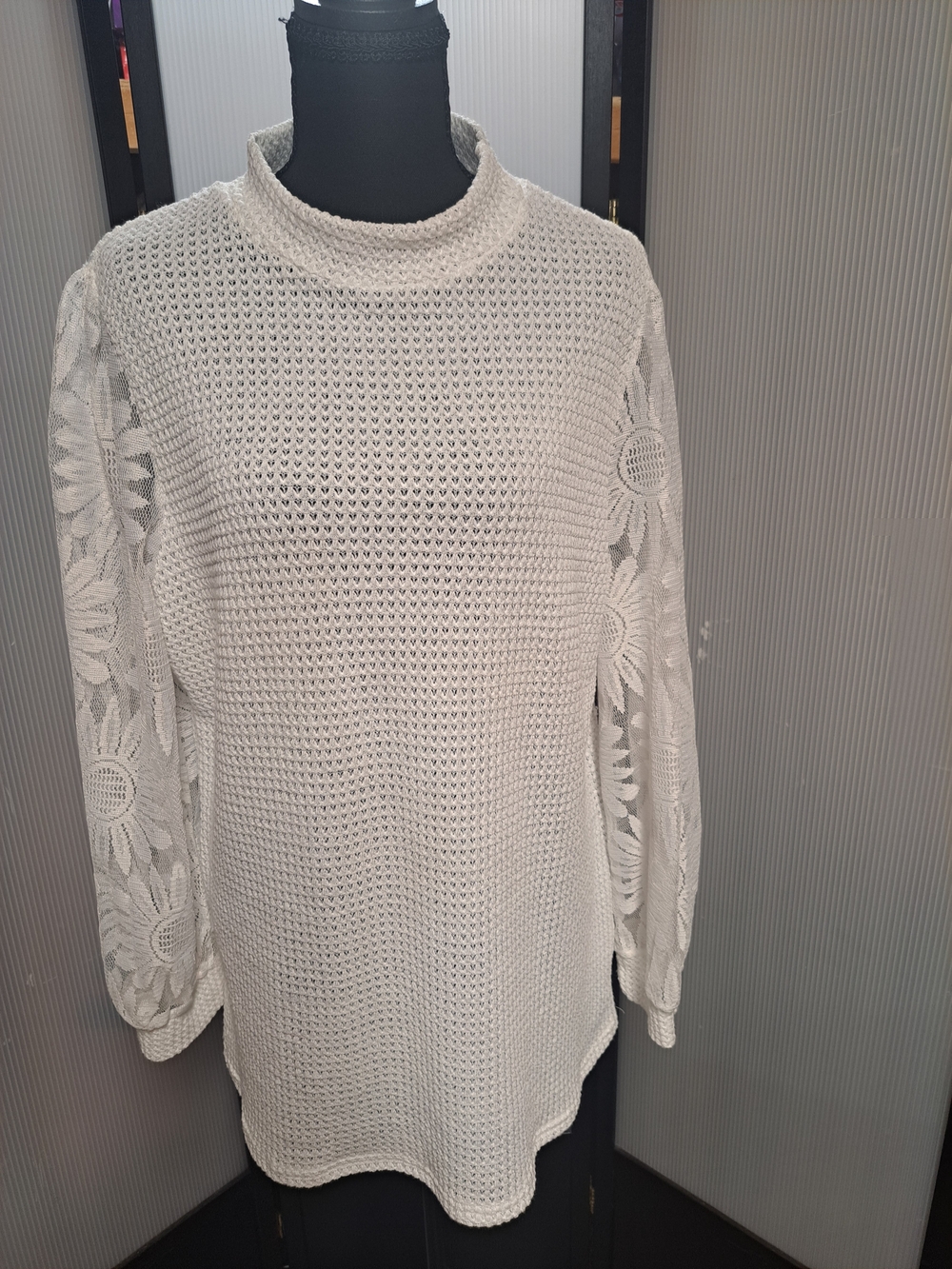 Women's Cream Crochet Knit Sweater with Lace Floral Sleeves